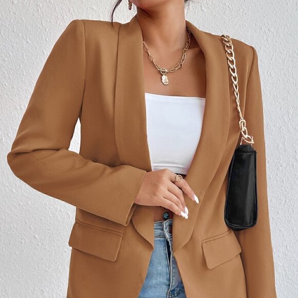 Brown Preppy Womens Solid Shawl Collar Blazer - Picture 4 of 5